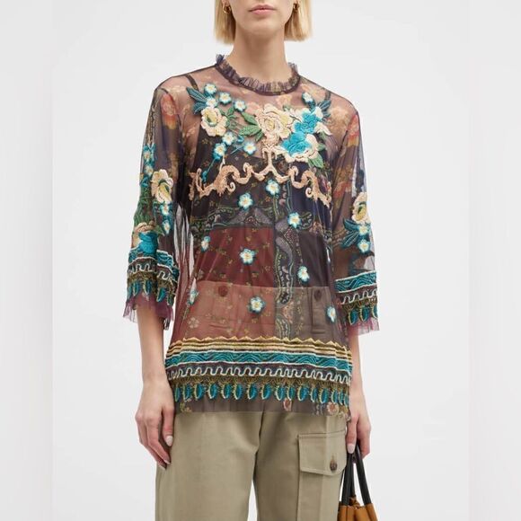 Johnny Was Renley Black Brown Blouse Sheer Mesh Floral Embroidered Size  XS - Picture 4 of 10